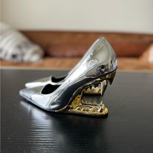 Silver and gold tiger tooth heeled shoes